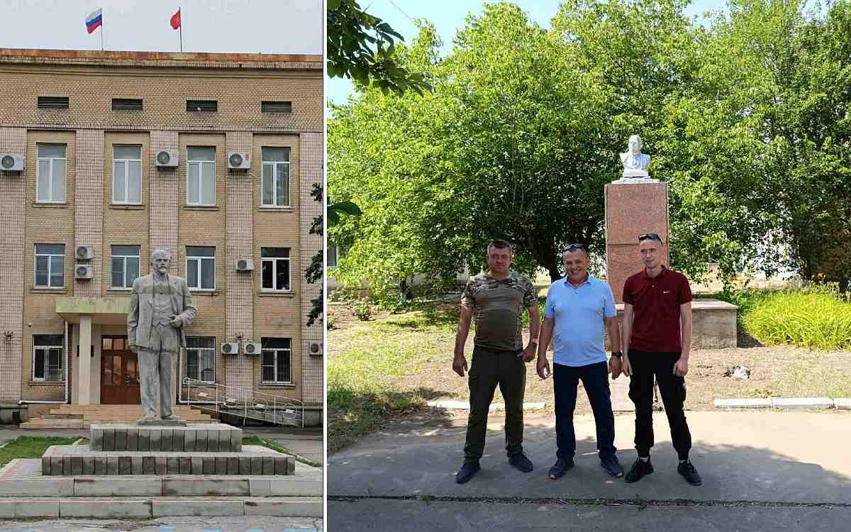 Встановлені окупантами пам’ятники Леніну на окупованій Херсонщині: Генічеськ (квітень 2022 року) та село Ольгине (червень 2024)