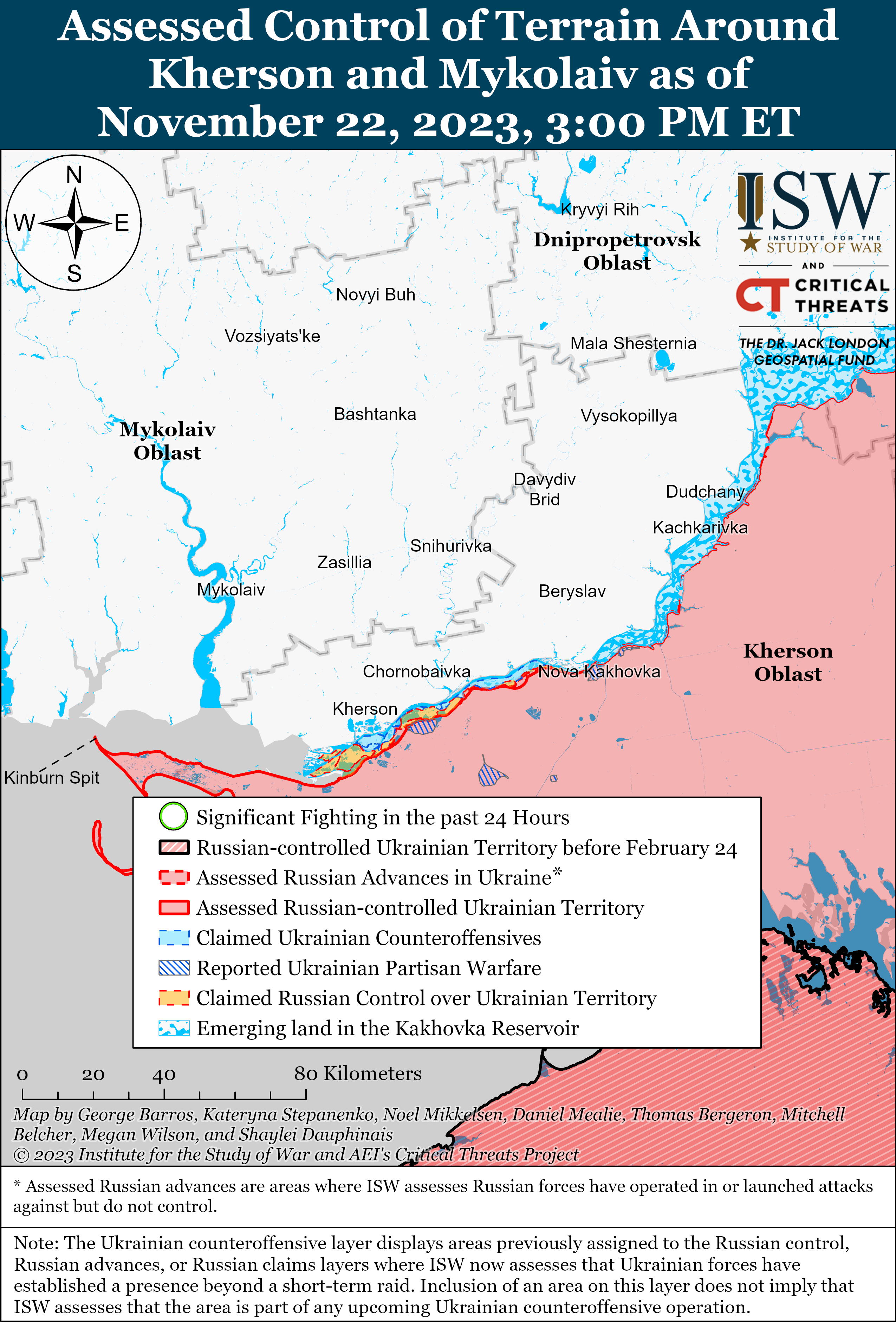 Мапа бойових дій на лівобережжі Херсонщини. ФОТО: ISW / ©