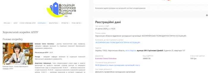 Скриншот офіційного сайту «Асоціації політичних психологів України». Розповідь про Олену Блинову